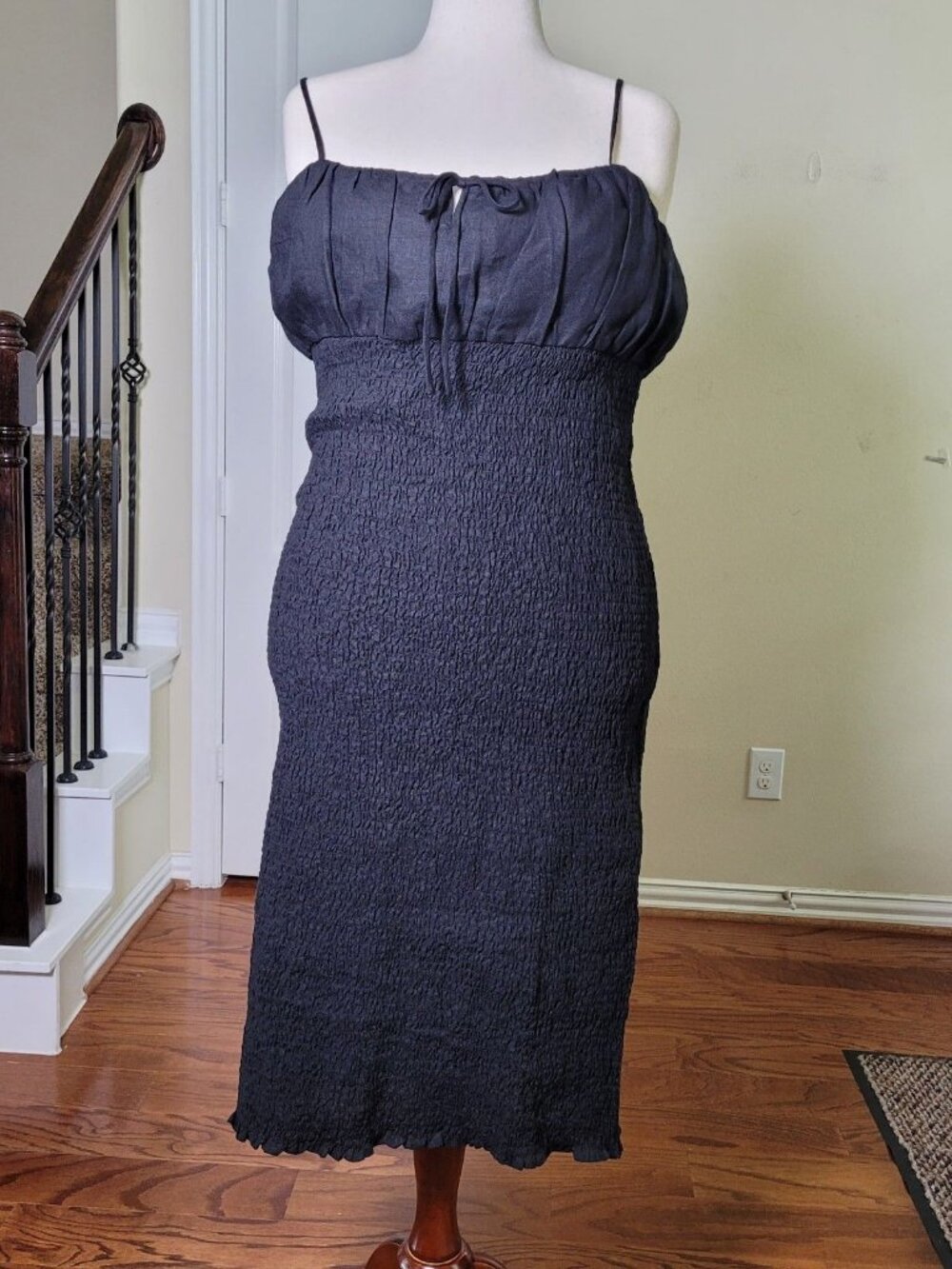 NEW J Crew 100% Linen Smocked Tie-Front Dress Black Women 18 Preppy Spring Summe